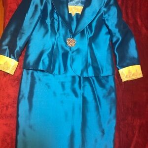 Elegant Teal Satin Suit with Gold Accents